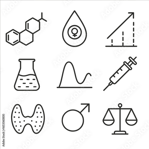Female Hormones Icon Set. Outline style icon of Female Hormones Overview: estrogen molecule, progesterone drop, LH surge arrow,