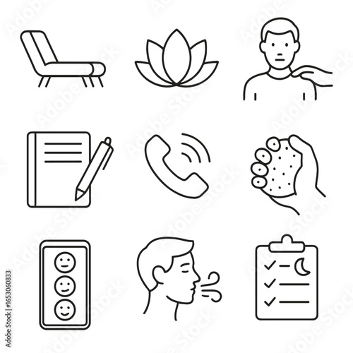 Men's Mental Health Icons. Outline style icon of Men’s Mental Health Resources: therapy couch, mindfulness lotus, friend support