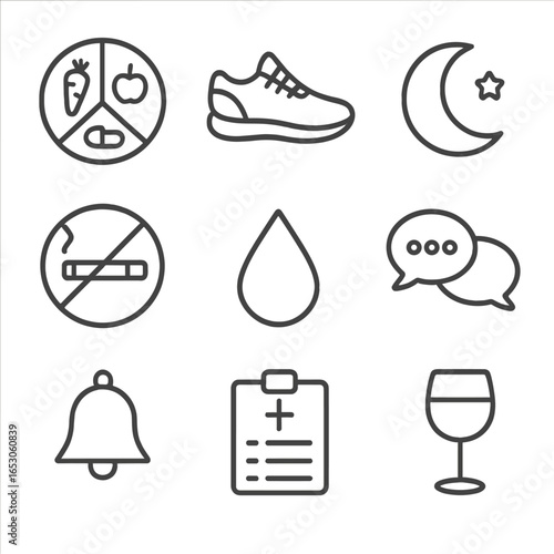 Healthy Lifestyle Icons. Outline style icon of Healthy Lifestyle Habits: balanced diet plate, regular exercise shoe, sufficient