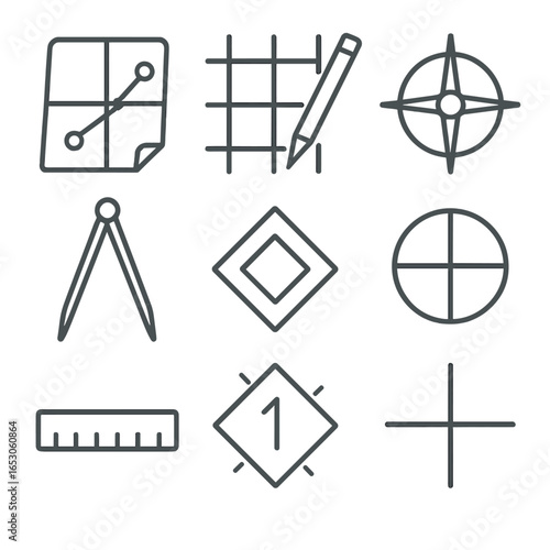 Chart-Plotting Tools Icons. Outline style icon of Chart-Plotting Tools: paper chart sheet, latitude scale, long parallel, course