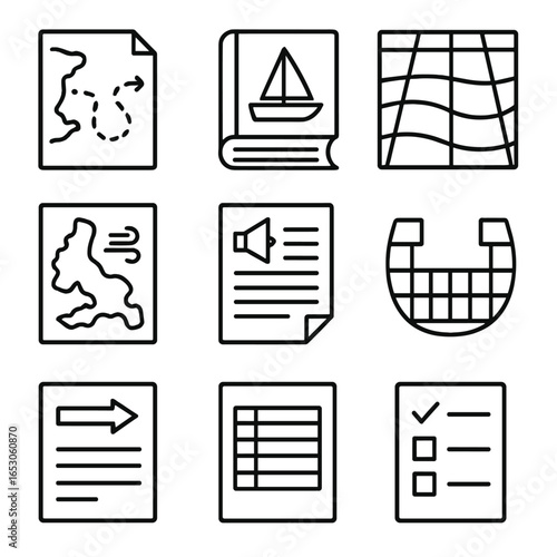 Voyage Planning Icons. Outline style icon of Voyage Planning Documents: passage plan sheet, sailing directions book, pilot chart,