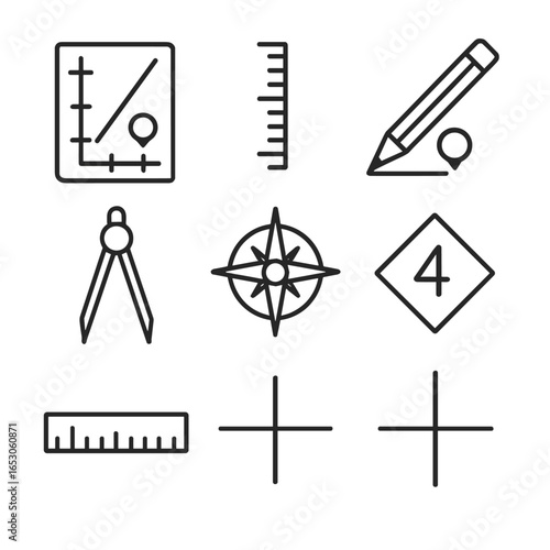 Chart-Plotting Tools Icons. Outline style icon of Chart-Plotting Tools: paper chart sheet, latitude scale, long parallel, course