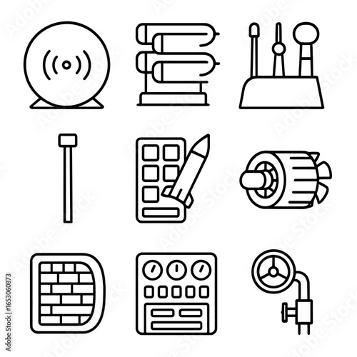 Submarine Combat Devices Icons. Outline style icon of Submarine Combat Devices: bow sonar sphere, torpedo room rack, mast sensor