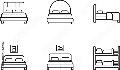 Bed Collection Outlined Beds with Headboards, Bunk Beds, Simple Line Art on Transparent
