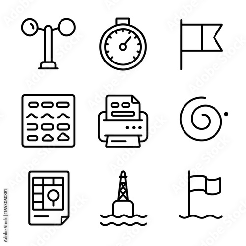 Marine Weather Icons. Outline style icon of Marine Weather Observation: anemometer cups, barometer dial, sea state code, Beaufort