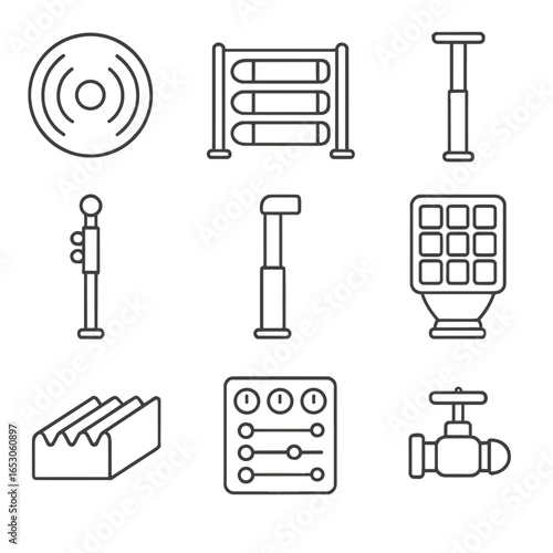 Submarine Combat Devices Icons. Outline style icon of Submarine Combat Devices: bow sonar sphere, torpedo room rack, mast sensor