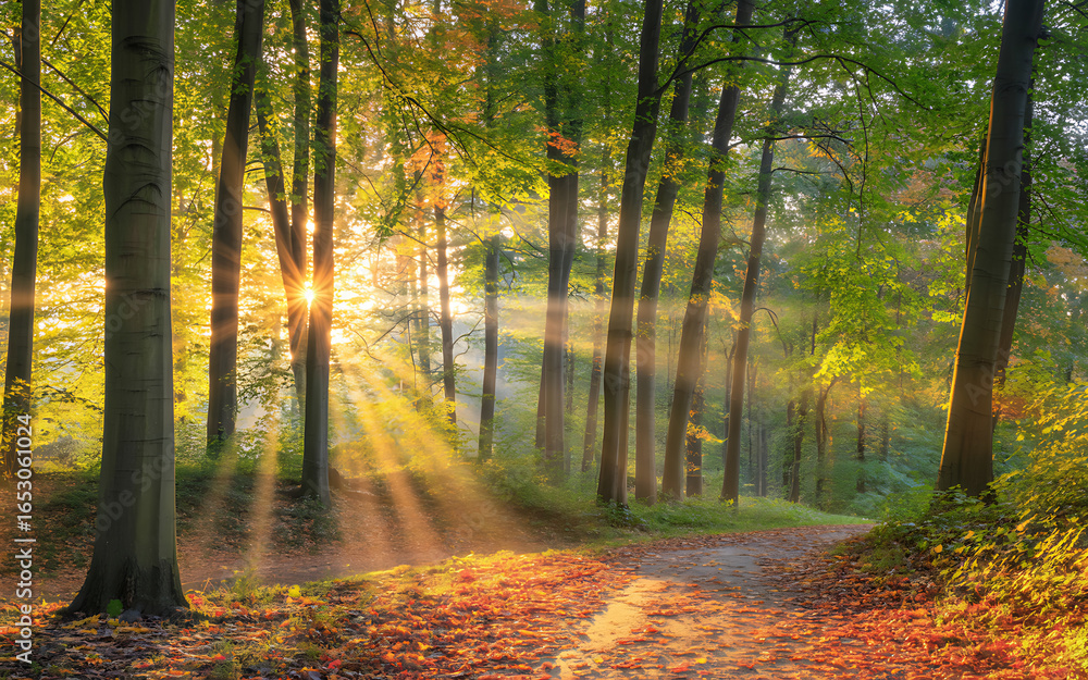 Obraz premium Sunlight streams through trees in an autumnal forest scene