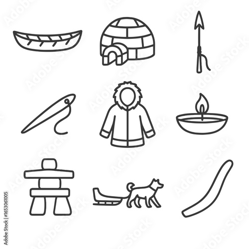 Arctic Life Icons. Outline style icon of Arctic Life Icons: umiak skin boat, snow house block, seal harpoon, sinew needle, caribou