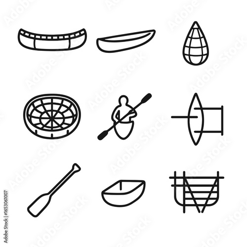 Canoe Outline Varieties. Outline style icon of Canoe & Watercraft Varieties: birchbark canoe, dugout canoe, tule reed boat,