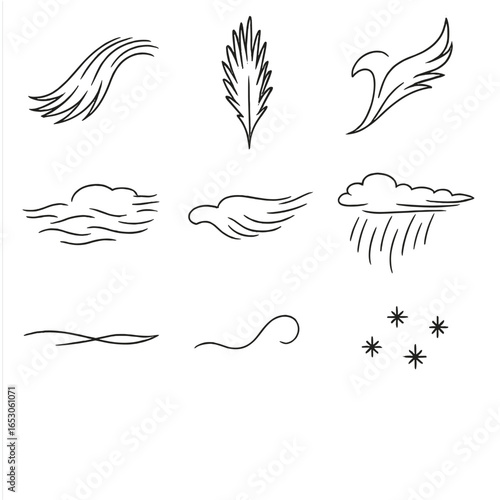 Cirrus Variations Icon Outline. Outline style icon of Cirrus Variations: wispy mare’s-tail, feather plume, hooked cirrus uncinus,