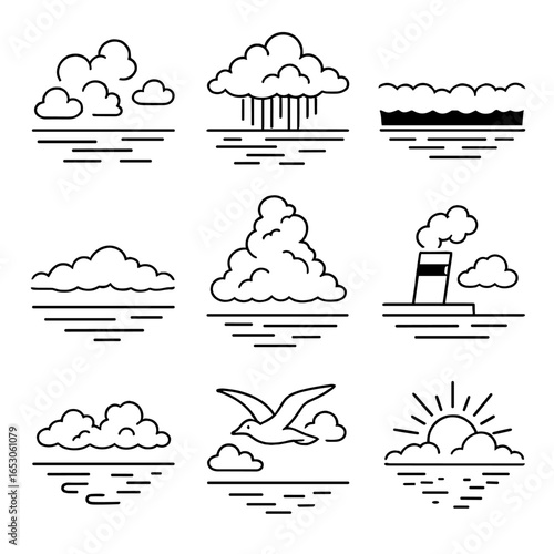 Oceanic Cloud Icon Set. Outline style icon of Oceanic Cloud Scenes: trade-wind cumulus, distant squall, horizon storm line, sea