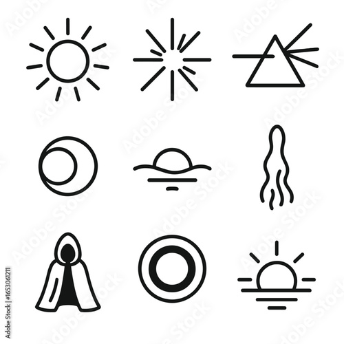 Light and Shadow Icons. Outline style icon of Light & Shadow Energies: radiant sunbeam, blinding flash, prism split, eclipse ring,