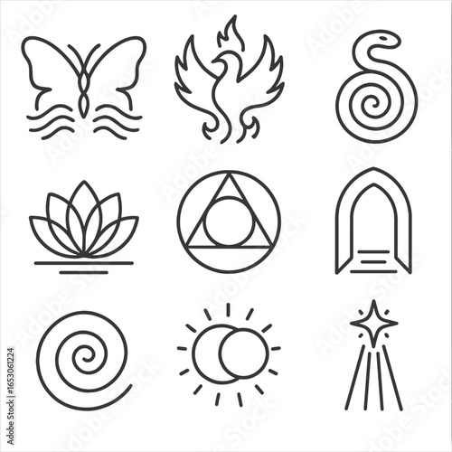 Transformation Icon Set. Outline style icon of Transformation Energies: butterfly morph wave, phoenix rise flame, serpent shedding