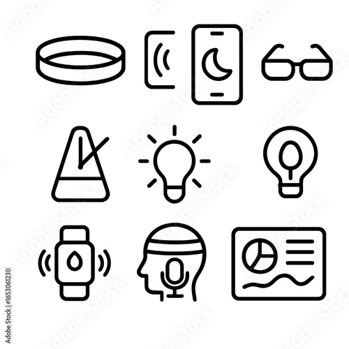 Nap Tech Icons. Outline style icon of Tech for Better Naps: smart sleep band, nap-tracking app, blue-light filter glasses,
