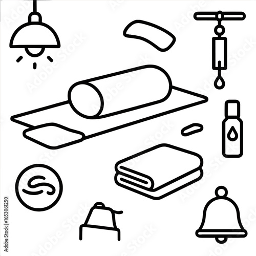 Midday Yoga Serenity. Outline style icon of Midday Yoga Nap (Savasana): yoga mat, bolster pillow, weighted eye pillow, calming