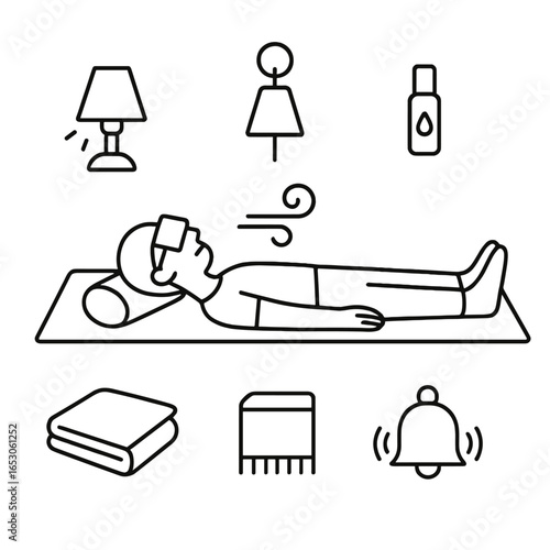 Midday Yoga Serenity. Outline style icon of Midday Yoga Nap (Savasana): yoga mat, bolster pillow, weighted eye pillow, calming