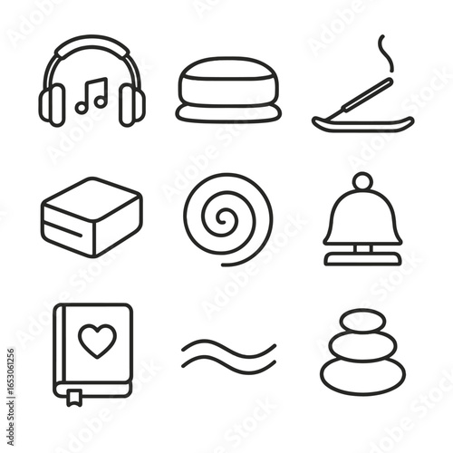 Meditation Icon Outline. Outline style icon of Nap & Meditation Combo: guided audio icon, floor cushion, incense stick, posture
