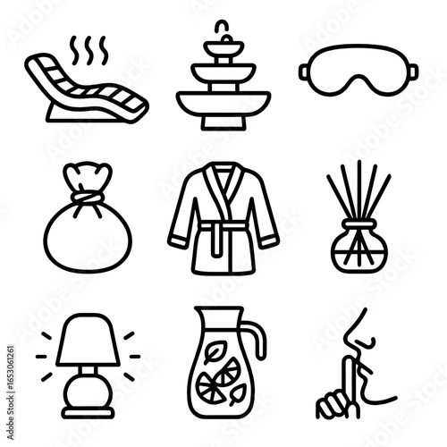 Spa Lounge Icons. Outline style icon of Spa Nap Lounge: heated lounger, calming fountain, silk eye mask, herbal pack, soft robe,