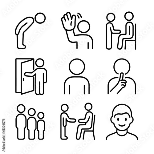 Non-Verbal Courtesy Icons. Outline style icon of Non-Verbal Courtesy Gestures: polite bow, friendly wave, seated for elder icon,