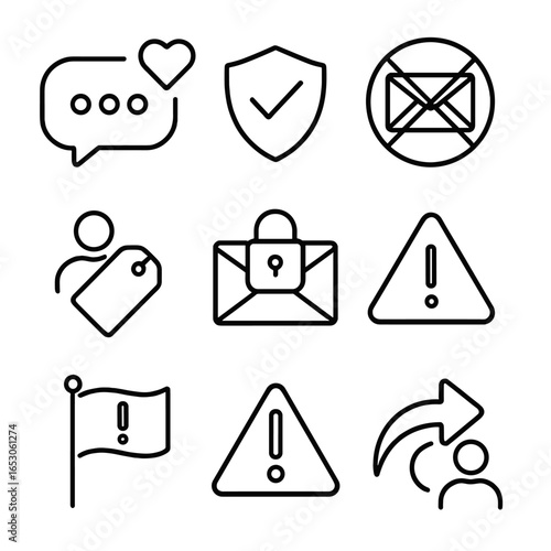 Online Etiquette Icons. Outline style icon of Online Etiquette: respectful comment bubble, fact-check shield, no-spam icon, credit