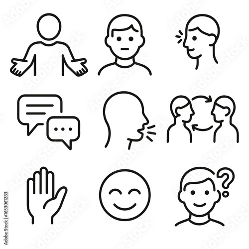 Respectful Communication Icons. Outline style icon of Respectful Communication Cues: open body posture, steady eye contact, gentle