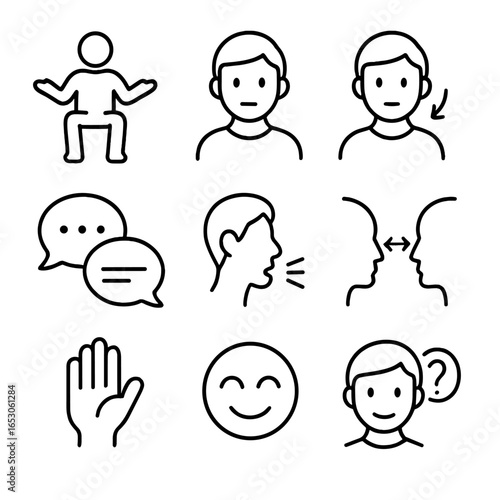 Respectful Communication Icons. Outline style icon of Respectful Communication Cues: open body posture, steady eye contact, gentle