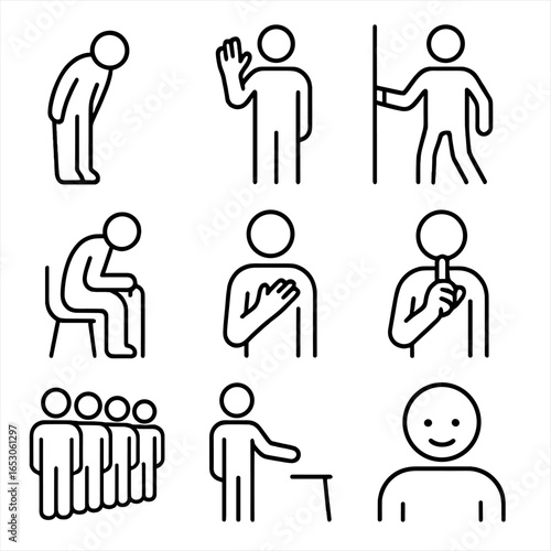 Non-Verbal Courtesy Icons. Outline style icon of Non-Verbal Courtesy Gestures: polite bow, friendly wave, seated for elder icon,