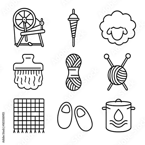 Artisan Wool Tools. Outline style icon of Artisan Wool Crafts: spinning wheel, drop spindle, sheep fleece, carding brush, yarn