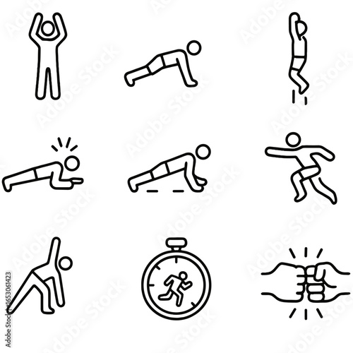 HIIT Circuit Icons. Outline style icon of HIIT Circuit Motivation: burpee pop, mountain climber, squat jump, push-up clap, plank