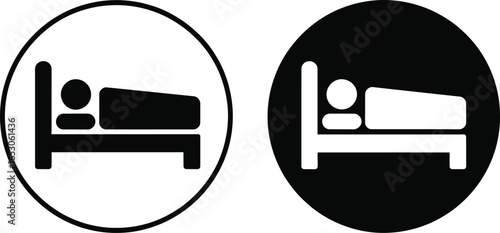 Bed Icon Symbol Circle Design, White and Black Silhouette Style, Round Sleep Sign