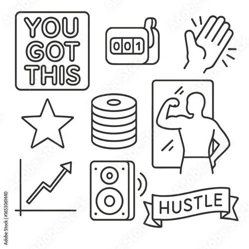 Motivational Gym Icons. Outline style icon of Motivational Gym Wall: “You Got This” neon, rep counter click, chalk hand slap, PR