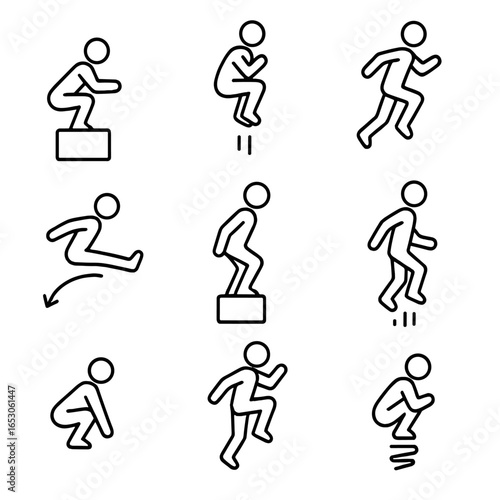 Plyometric Exercise Icons. Outline style icon of Plyometric Explosions: box squat jump, tuck jump, lunge hop, broad jump mark,