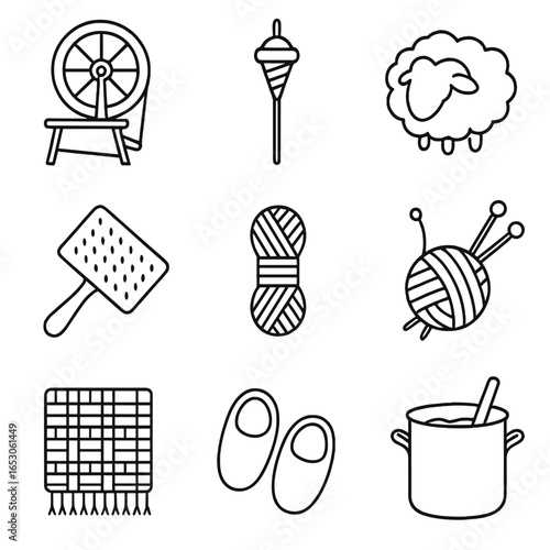Artisan Wool Tools. Outline style icon of Artisan Wool Crafts: spinning wheel, drop spindle, sheep fleece, carding brush, yarn