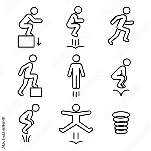 Plyometric Exercise Icons. Outline style icon of Plyometric Explosions: box squat jump, tuck jump, lunge hop, broad jump mark,