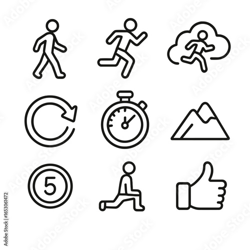 Interval Training Icons. Outline style icon of Interval Run Schedule: warm-up walk, fast sprint icon, recovery jog cloud, repeat