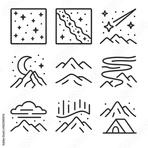 Night Sky Icons. Outline style icon of Night Mountain Skies: starry firmament, milky way band, shooting star, moonlit peak,