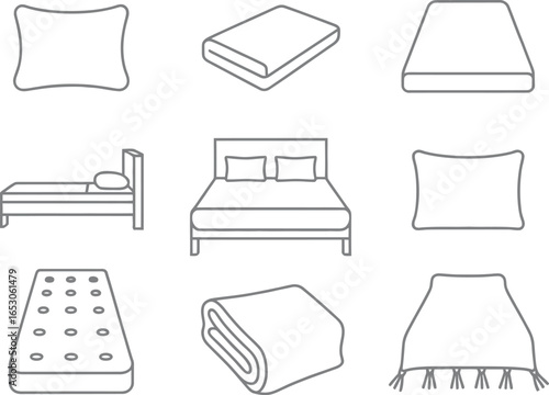 Bedding Outline Icons Mattress, Pillow, Bed, Coverlet, Blanket on White Background