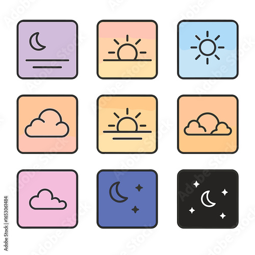 Sunrise to Sunset Gradient. Outline style icon of Sunrise to Sunset Gradient: pre-dawn violet, rose dawn glow, bright noon sun,