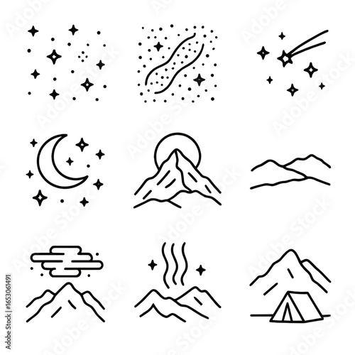 Night Sky Icons. Outline style icon of Night Mountain Skies: starry firmament, milky way band, shooting star, moonlit peak,