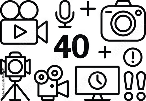 Black line art media icons including camera, microphone, video camera and lighting
