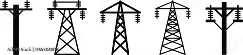 Black Silhouette Set of Transmission Towers on a White Isolated Background Simple Style
