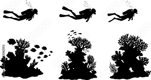Silhouette illustration of scuba divers exploring underwater with fish and coral reef scene below them | editable eps vectors
