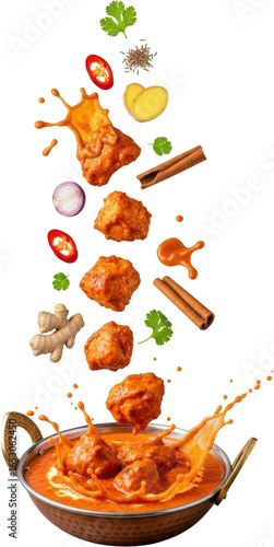 Deconstructed chicken tikka masala with falling ingredients and splashing sauce isolate curry Indian food