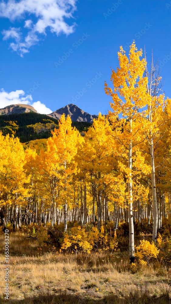 Fototapeta premium Autumn aspen grove against a mountain backdrop