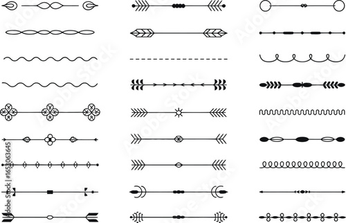 Decorative Dividers Set, Line Borders, Black Ornate Elements on Transparent Background