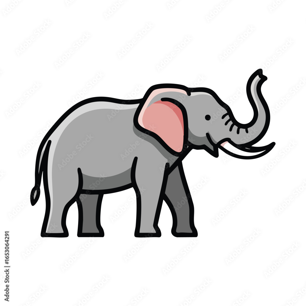 Naklejka premium A simple cartoon illustration of a grey elephant standing in profile with its trunk raised high.