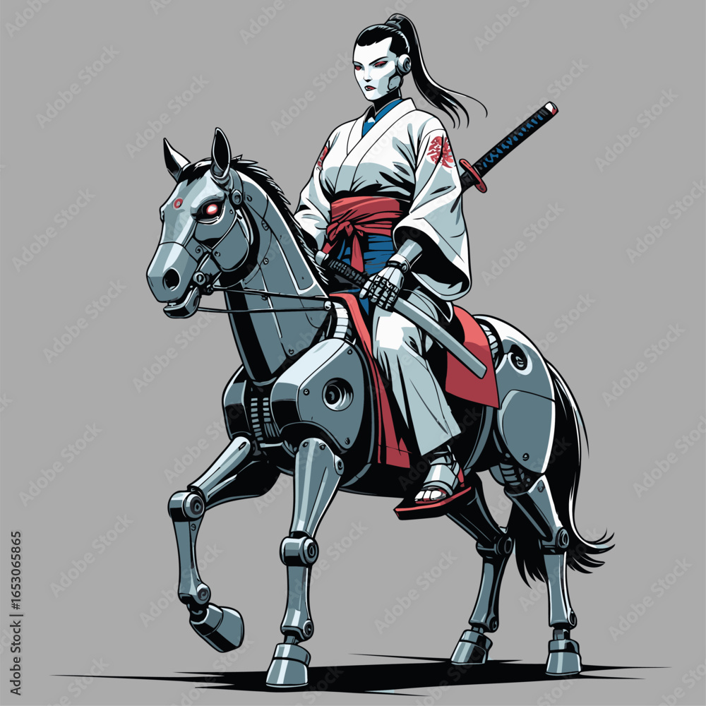 vector image of a robot wearing a kimono riding a robot horse vector image of a robot wearing a kimono riding a robot horse