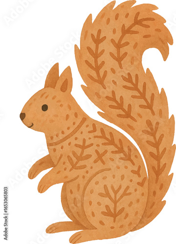 Vector cute watercolor squirrel with Scandinavian folk ornament, painted in warm rustic tones. For Christmas cards, winter woodland scenes, festive holiday design, New Year illustrations
