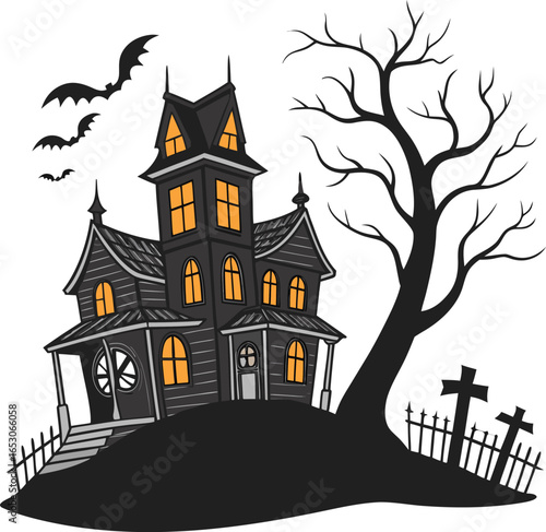 Illustration of a spooky haunted house on a hill with bats flying in the night sky for halloween
