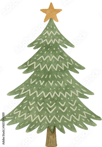 Vector watercolor Christmas tree decorated with Scandinavian folk patterns and topped, golden star. Perfect for holiday cards, festive posters, Christmas invitations, seasonal prints, cozy winter 